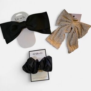 NEW Kitsch Bow Barette & Scruchie Hair Accessory Trio - Black & Beige